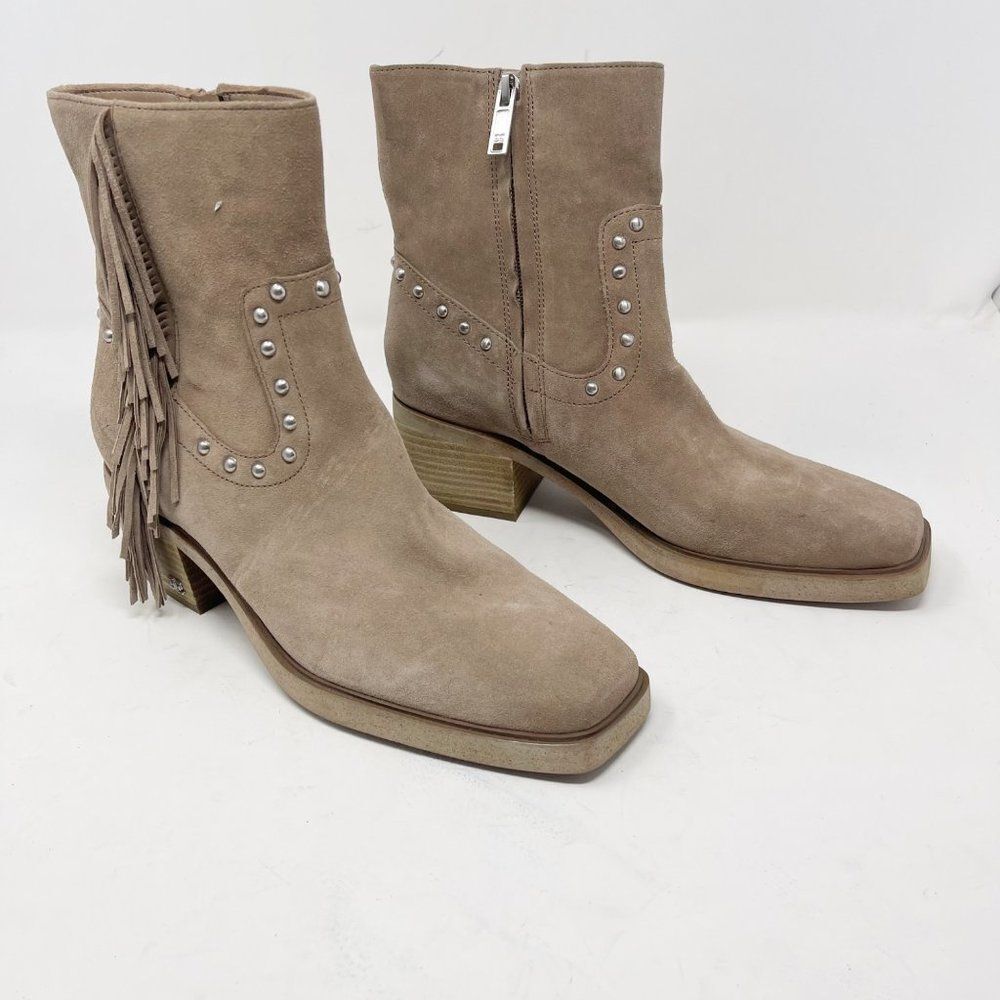 Sam Edelman Taupe Suede Fringe Studded Western Ankle Boots